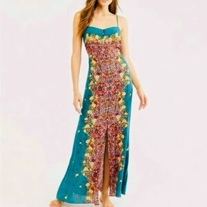 Teal Floral-Panel Maxi Dress with Front Slit